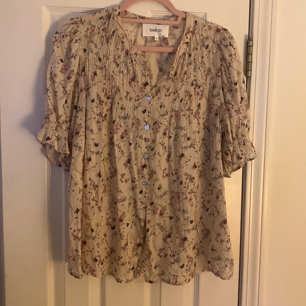 ba&sh Cream Floral Pintuck Button-Front Blouse
